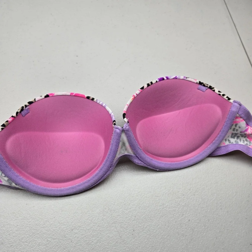 PINK Victoria Secret Women Bra 32C Purple Push Up Floral Animal Print Strapless